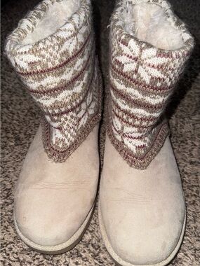 Faux-Suede Knit Cuff Ankle Boots - Beige